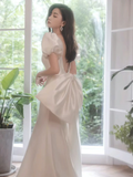 Niulatu Puff Sleeves Satin Mermaid White Long Prom Dress HZ1110