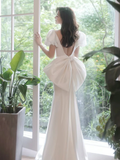 Niulatu Puff Sleeves Satin Mermaid White Long Prom Dress HZ1110