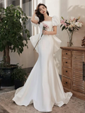 Niulatu Puff Sleeves Satin Mermaid White Long Prom Dress HZ1110