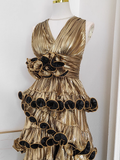 Niulatu Sheath V Neckline Gold Ruffles Long Prom Dresses Birthday Outfits SD367