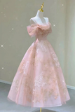 Niulatu A line Straps Pink Lace Ankle Length Prom Dress HZ1110