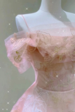 Niulatu A line Straps Pink Lace Ankle Length Prom Dress HZ1110