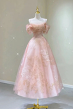 Niulatu A line Straps Pink Lace Ankle Length Prom Dress HZ1110