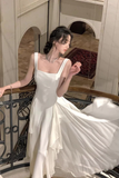 Niulatu A line Straps White Chiffon Prom Dress HZ1110