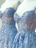 Niulatu Sleeveless Light Sky Blue Lace Long Prom Dress HZ1110