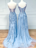 Niulatu Sleeveless Light Sky Blue Lace Long Prom Dress HZ1110