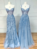 Niulatu Sleeveless Light Sky Blue Lace Long Prom Dress HZ1110