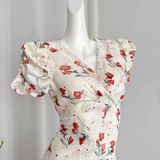 Niulatu A line V Neckline Short Sleeves Pink Floral Dress Beach Holiday Dresses SD284