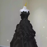 Niulatu A Line Sleeveless Black Chiffon Long Floral Prom Dress HZ1110