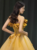 Niulatu Ball Gown Sleeveless Yellow Long Floral Prom Dress HZ1110