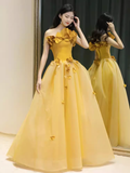 Niulatu Ball Gown Sleeveless Yellow Long Floral Prom Dress HZ1110