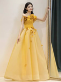 Niulatu Ball Gown Sleeveless Yellow Long Floral Prom Dress HZ1110