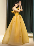 Niulatu Ball Gown Sleeveless Yellow Long Floral Prom Dress HZ1110