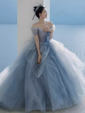 Niulatu Ball Gown Off The Shoulder Gray Long Prom Dress HZ1110