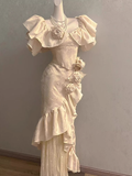 Niulatu Sheath Square Neckline Floral ivory Long Party Dresses Birthday Outfits With Cap Sleeves SD447