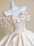 Niulatu Ball Gown Off the Shoulder Floral Ivory Satin Prom Dress Wedding Dresses HZ0113