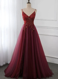 Niulatu A Line Burgundy Tulle Long Prom Dress HZ1110