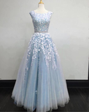 Niulatu A line Cap Sleeves Lace Blue Long Prom Dress HZ1110