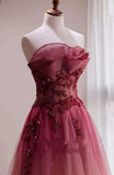 Niulatu A line Long Strapless Ombre Red Long Prom Dress HZ1110