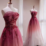 Niulatu A line Long Strapless Ombre Red Long Prom Dress HZ1110