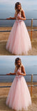 Niulatu v neck tulle lace long prom dress, pink tulle evening dress HZ0113
