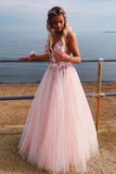 Niulatu v neck tulle lace long prom dress, pink tulle evening dress HZ0113