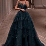 Niulatu Ball Gown Straps Long Tulle Blue Prom Dress HZ1110