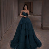 Niulatu Ball Gown Straps Long Tulle Blue Prom Dress HZ1110