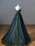 Niulatu A line Dark Green Tulle Long Prom Dress HZ1110