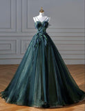 Niulatu A line Dark Green Tulle Long Prom Dress HZ1110