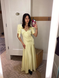 Niulatu Yellow Puff-Sleeve V-Neck Satin Mermaid Prom Dress Evening Dress HZ1007