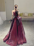Niulatu Ball Gown Strapless Burgundy Organza Long Prom Dress HZ1110