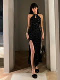 Niulatu Mermaid Halter Black Sequin Long Slit Prom Dress HZ1110