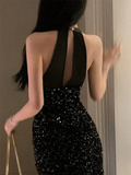 Niulatu Mermaid Halter Black Sequin Long Slit Prom Dress HZ1110