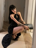 Niulatu Mermaid Halter Black Sequin Long Slit Prom Dress HZ1110