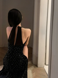 Niulatu Mermaid Halter Black Sequin Long Slit Prom Dress HZ1110
