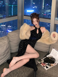 Niulatu Mermaid Halter Black Sequin Long Slit Prom Dress HZ1110