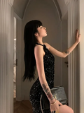 Niulatu Mermaid Halter Black Sequin Long Slit Prom Dress HZ1110