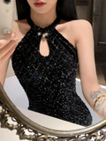 Niulatu Mermaid Halter Black Sequin Long Slit Prom Dress HZ1110