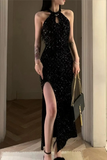 Niulatu Mermaid Halter Black Sequin Long Slit Prom Dress HZ1110