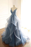 Niulatu Ball Gown Straps Dusty Blue Lace Long Prom Dress HZ1110