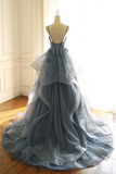 Niulatu Ball Gown Straps Dusty Blue Lace Long Prom Dress HZ1110