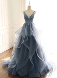 Niulatu Ball Gown Straps Dusty Blue Lace Long Prom Dress HZ1110