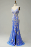 Niulatu Mermaid Straps Tulle Blue Lace Slit Long Prom Dress HZ1110