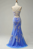 Niulatu Mermaid Straps Tulle Blue Lace Slit Long Prom Dress HZ1110