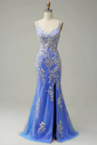 Niulatu Mermaid Straps Tulle Blue Lace Slit Long Prom Dress HZ1110