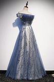 Niulatu A Line Off The Shoulder Blue Sequin Long Prom Dress HZ1110