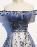 Niulatu A Line Off The Shoulder Blue Sequin Long Prom Dress HZ1110