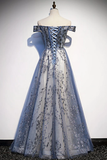 Niulatu A Line Off The Shoulder Blue Sequin Long Prom Dress HZ1110