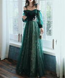 Niulatu A line Straps Long Sleeves Green Sequin Prom Dress HZ1110